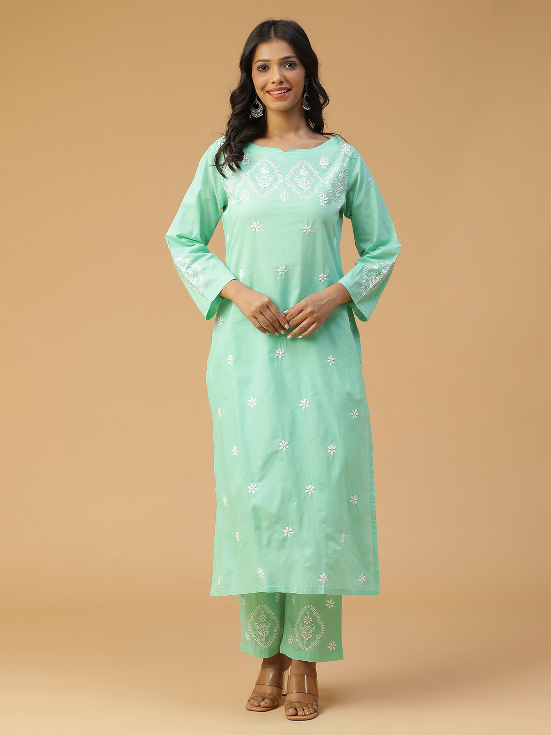 Semal Soft Cotton Boat Neck Chikankari Kurta Set in Tranquil Green