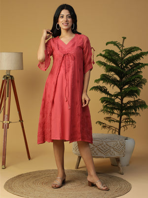 Hand Embroidered Rust Red Cotton Lucknowi Chikankari A-line Kurta with Attached Kota Attached Jacket CH0012NB