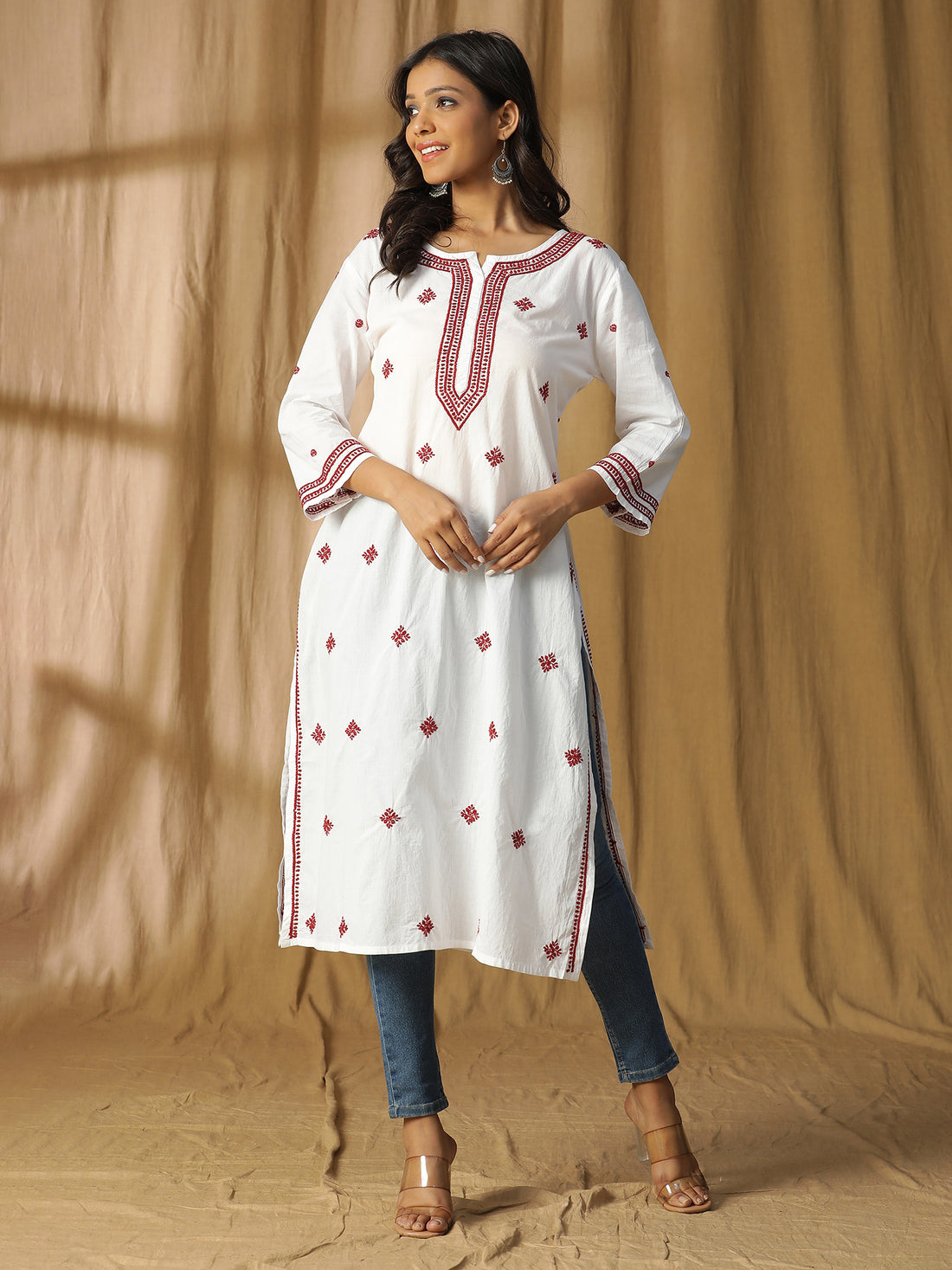 Straight Kurta with Patti Neck Design and Red Chikankari Work