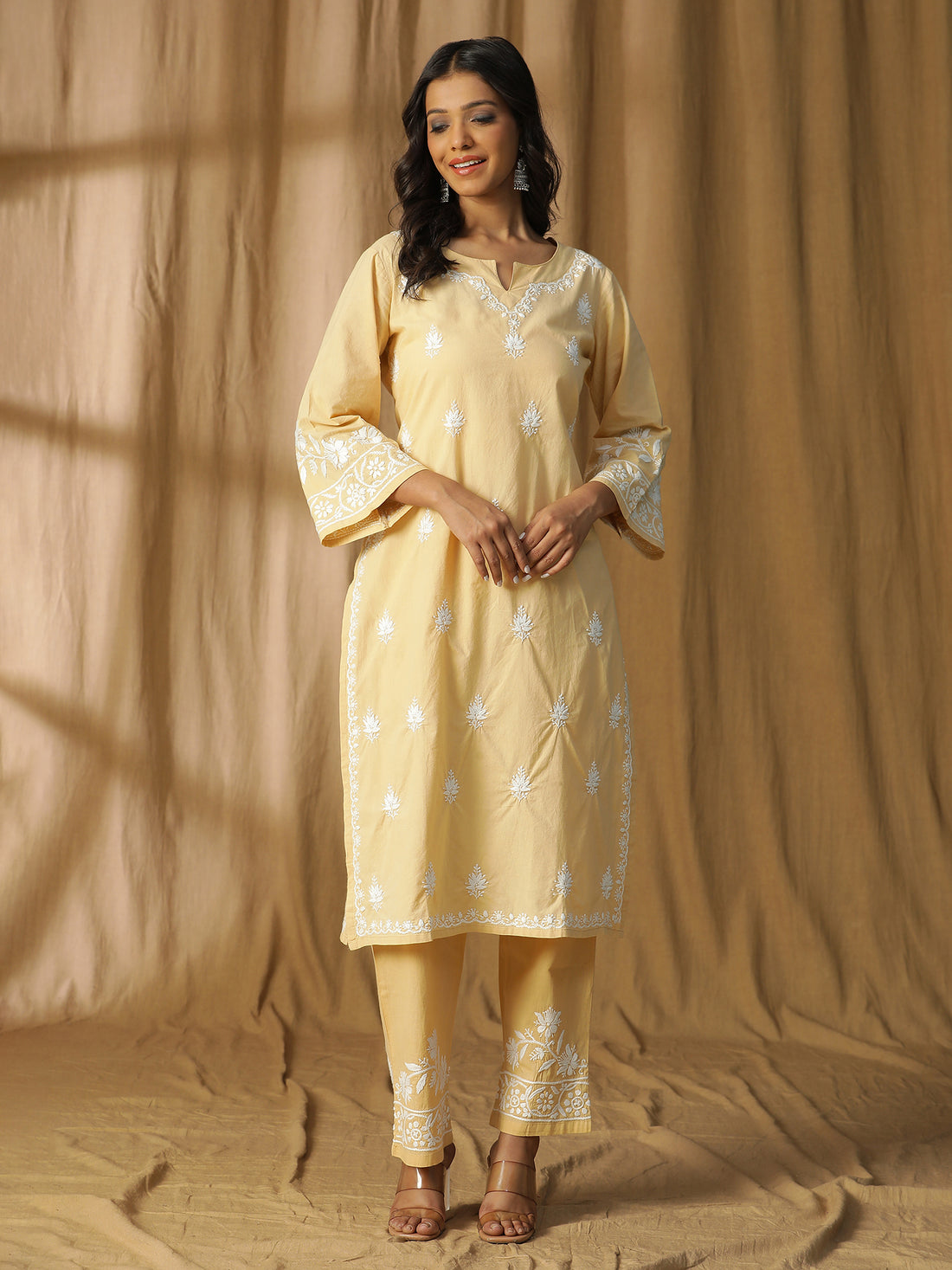 Light Beige Cotton Kurta Set with Subtle Chikankari Embellishments