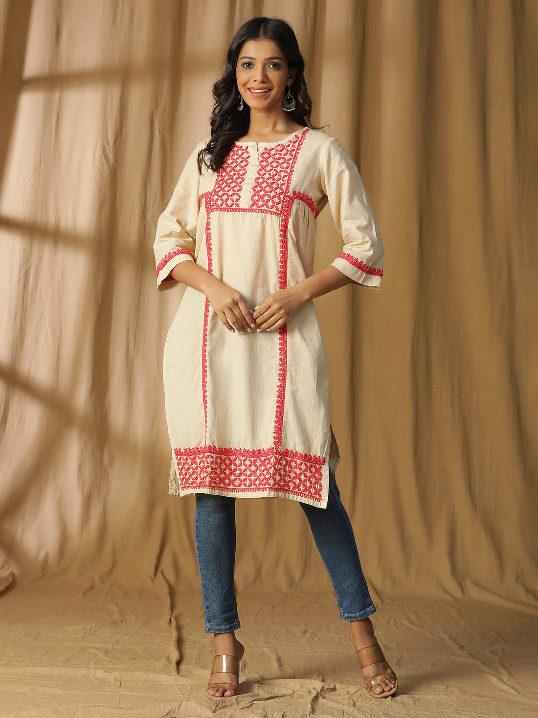 Chikankari Cotton Linen Side Pleats Tunic