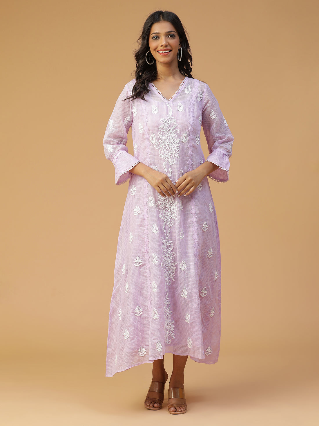 Chikankari A-line Kota Doria kurta with Applique work