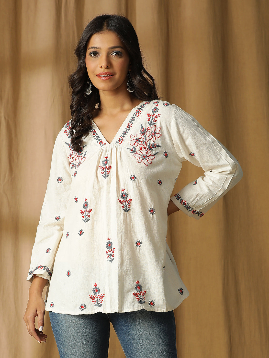 Chikankari Pintuck Sleeves Cotton Top