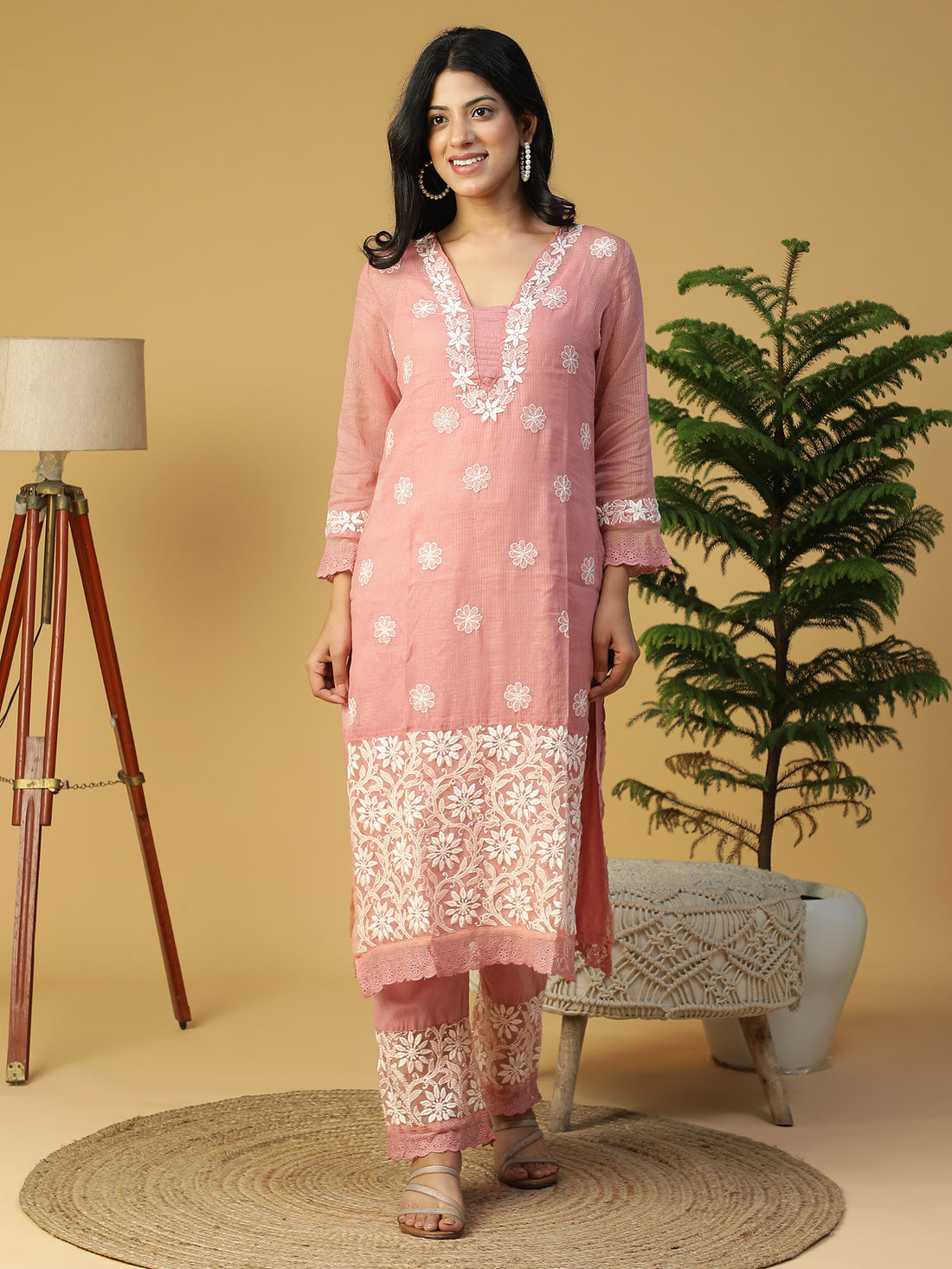 Hand Embroidered Lucknowi Chikankari Straight with Organza Border Kota Kurta With Pants CH0229/0125