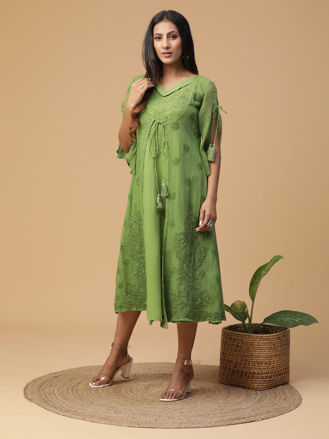 Chikankari cotton green dress with Kota doria attached shrug