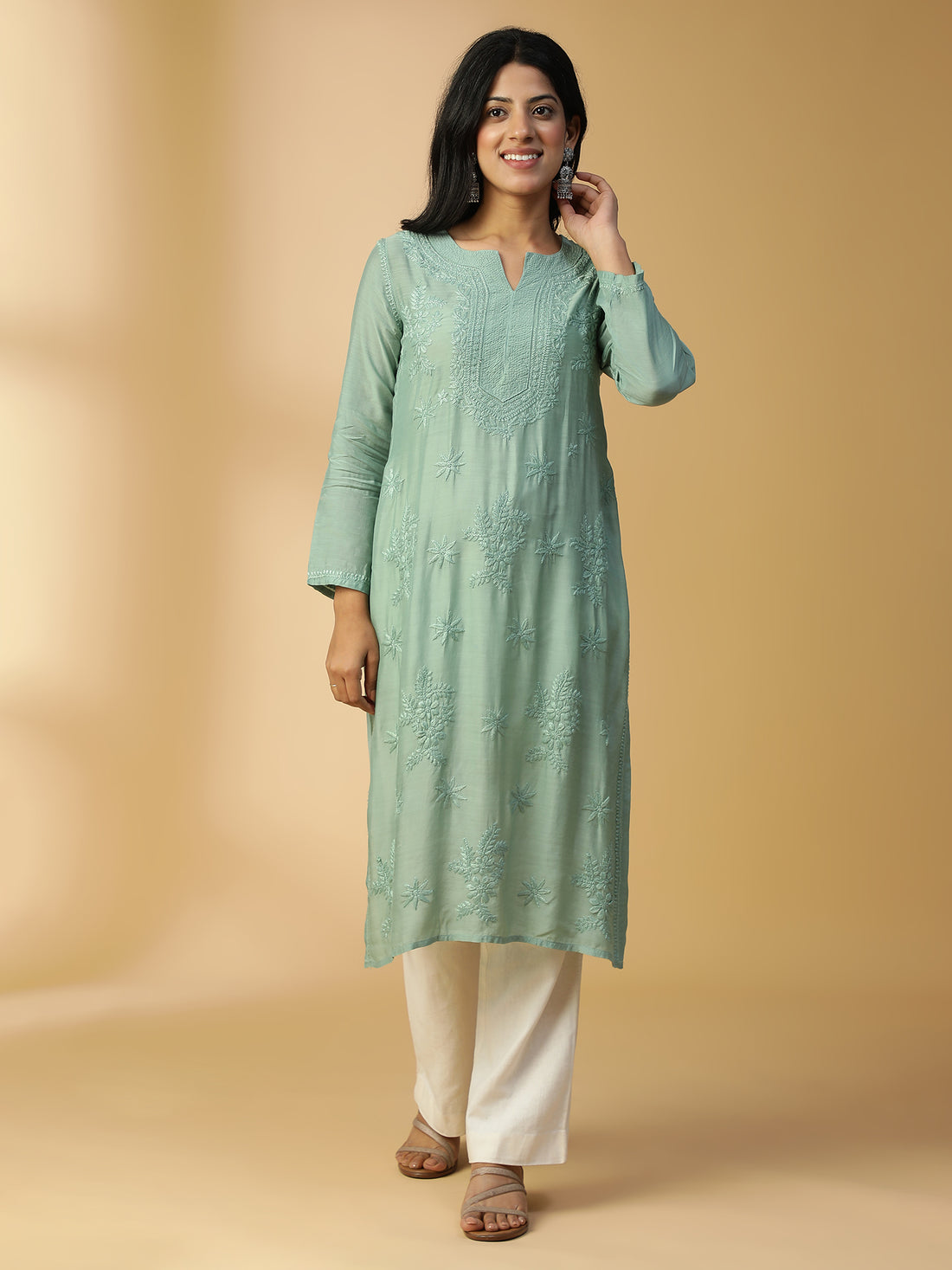 Hand Embroidered Lucknow Chikankari Straight Basil Green Muslin Kurta CH0169