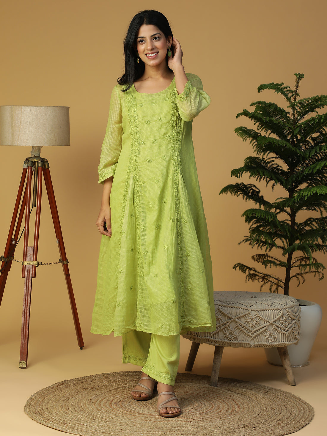 Hand Embroidered Lucknowi Chikankari A-Line Side Gathered Kota Kurta With Pants CH0221