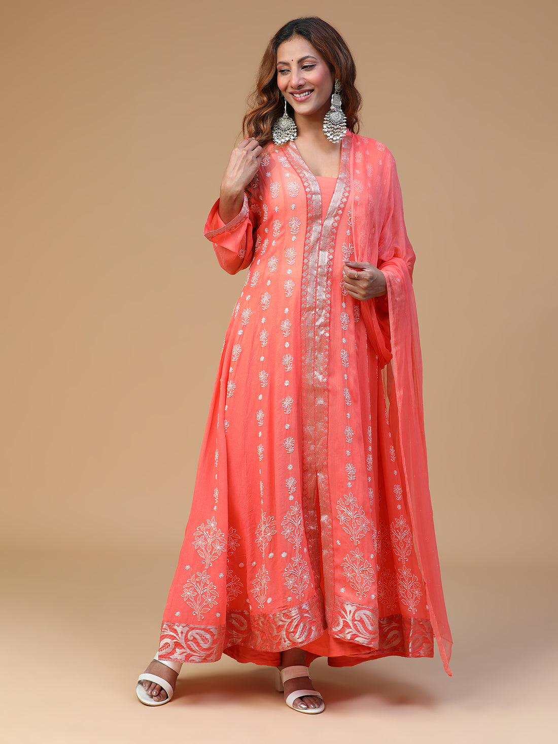 CHIKANKARI GEORGETTE PEACH KALI KURTA WITH DUPATTA SET