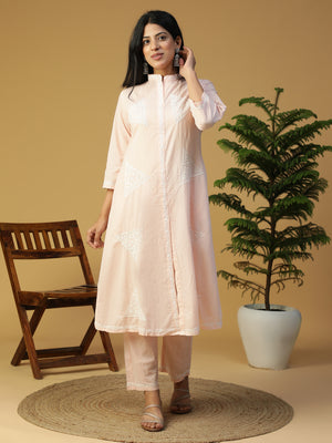 Hand Embroidered Cotton Lucknowi Chikankari Front Slit Kurta With Pants CH0244