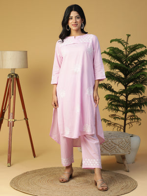 Hand Embroidered Levender Cotton Lucknowi Chikankari Yoke Design Kurta With Pants CH0245