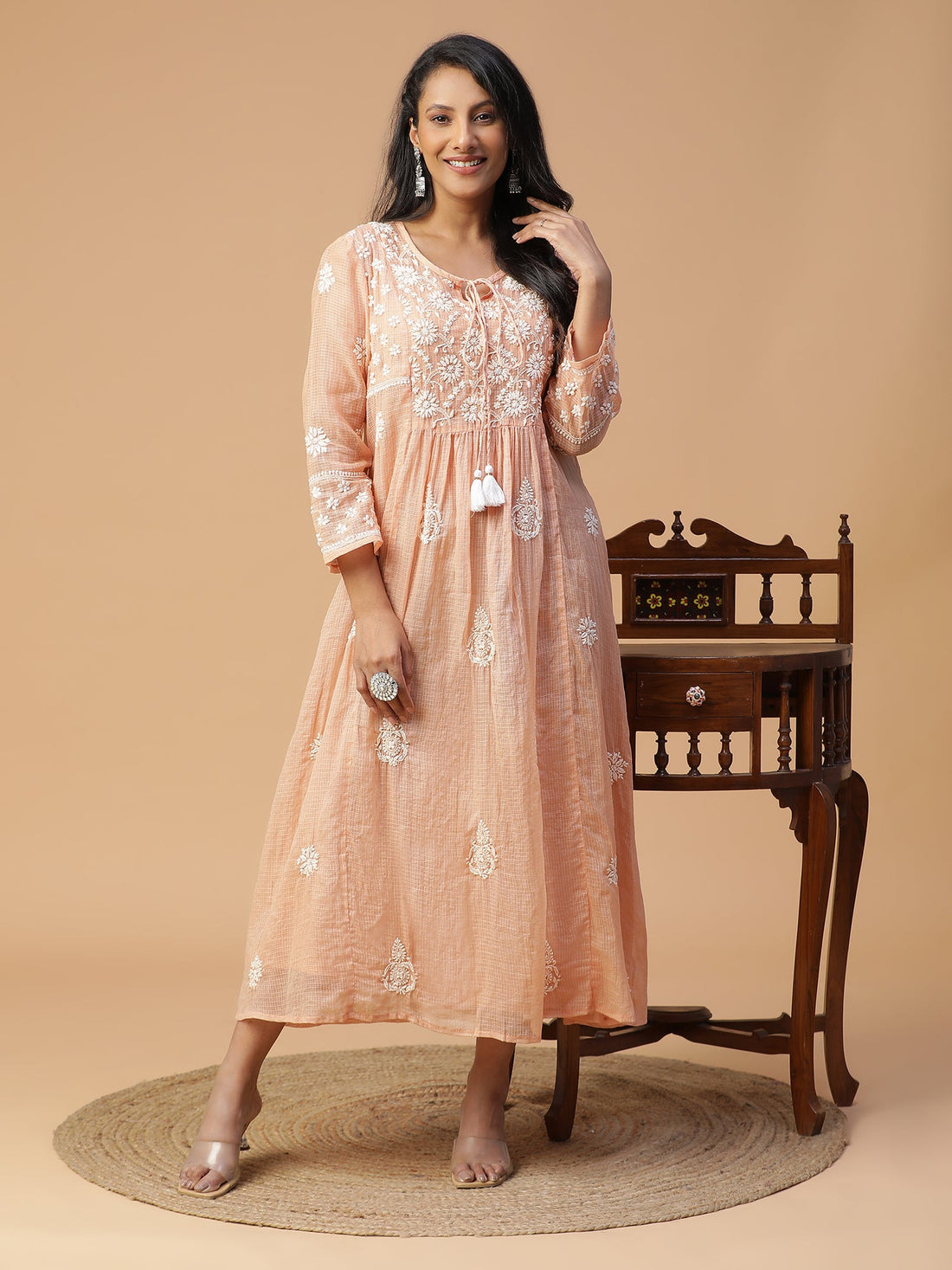 Chikankari Peach Kota Cotton Kurta with Neck Dori Delight