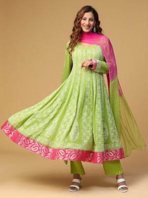 Semal Hand Embroidered Georgette Parrot Green Anarkali Chikankari Kurta with Dupatta Set