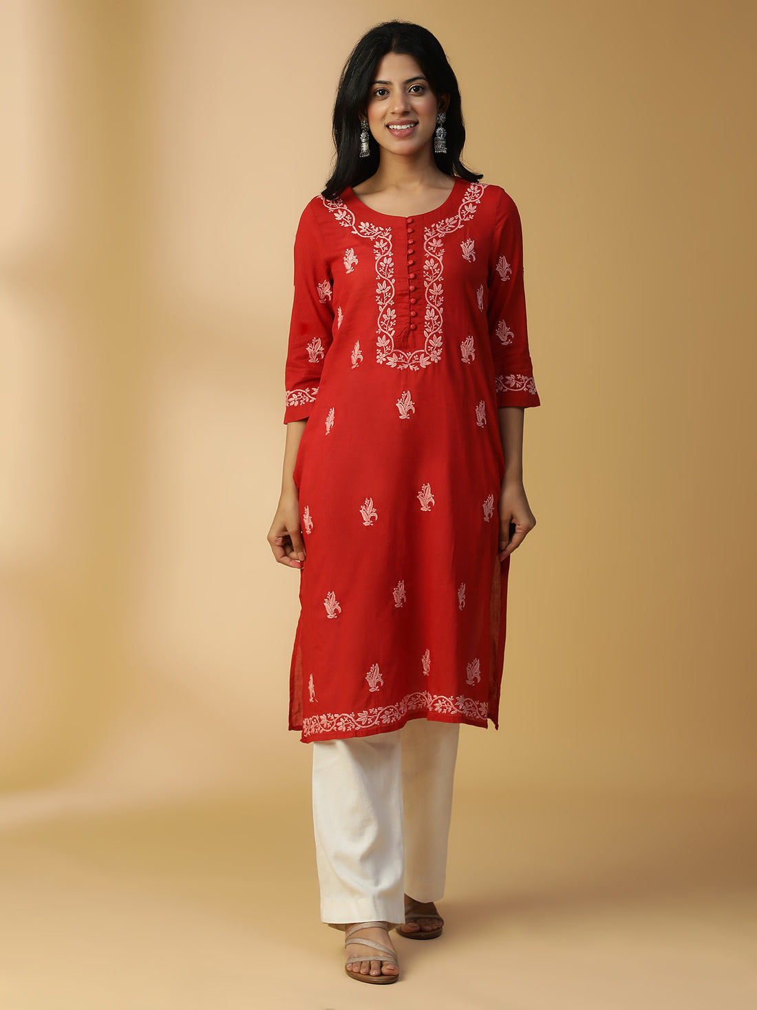 Hand Embroidered Lucknowi Chikankari Cotton Red Straight Kurta CH0002B