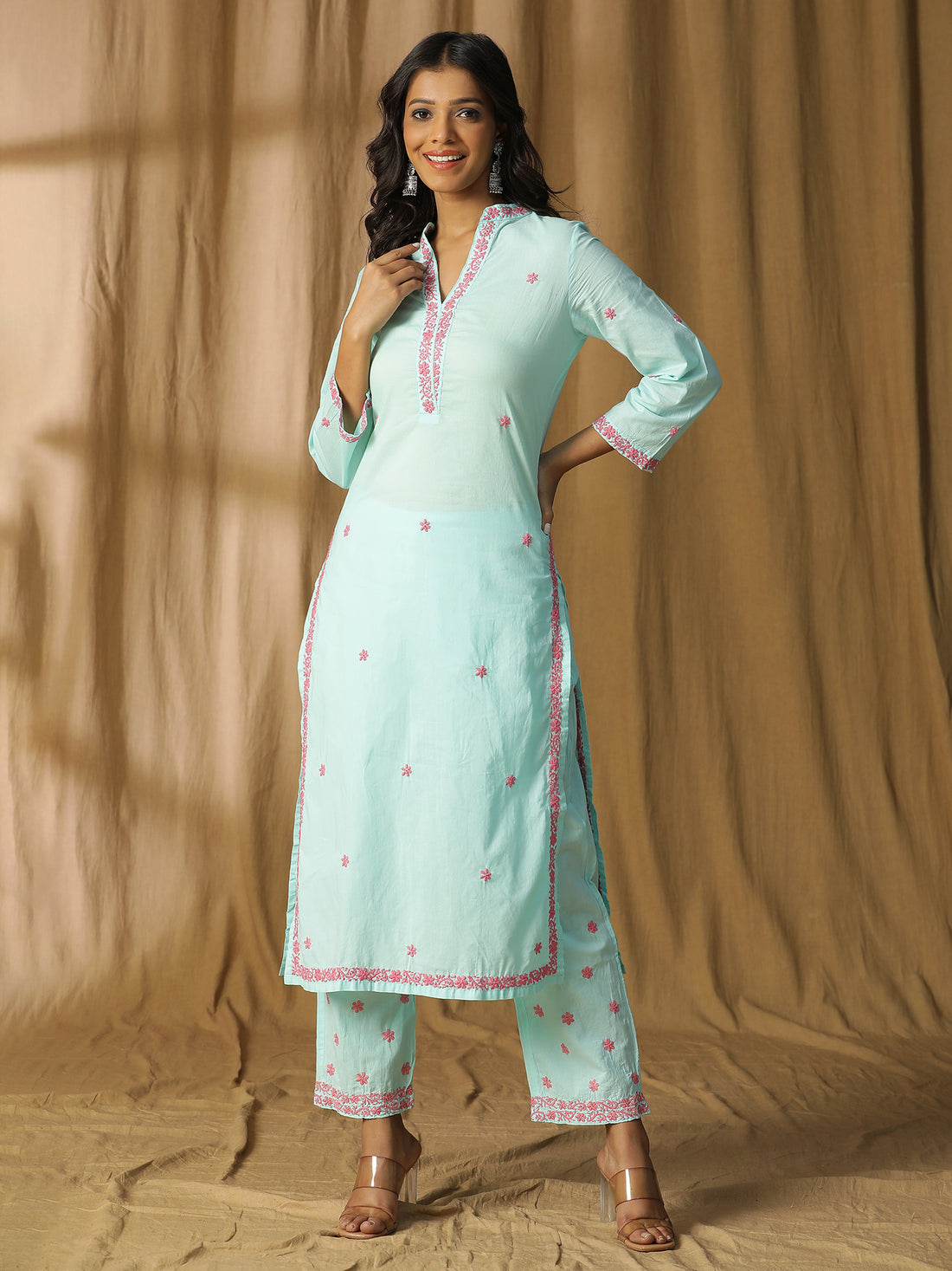 Overlap V-Neck and Straight Kurta Set in Soft Blue with Pink Chikankari