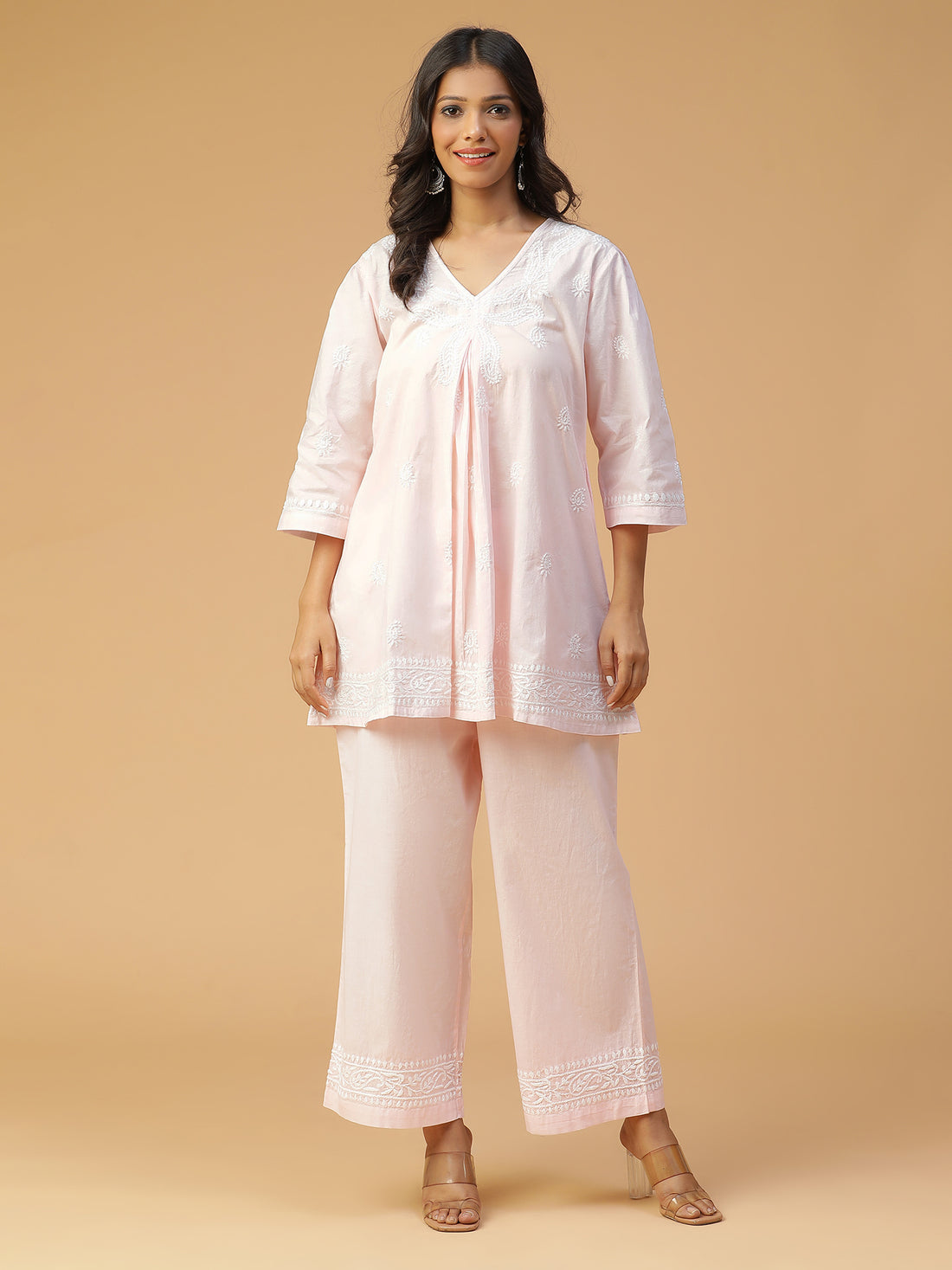 CHIKANKARI COTTON CO-ORD SET WITH BACK BOX-PLEATED TOP