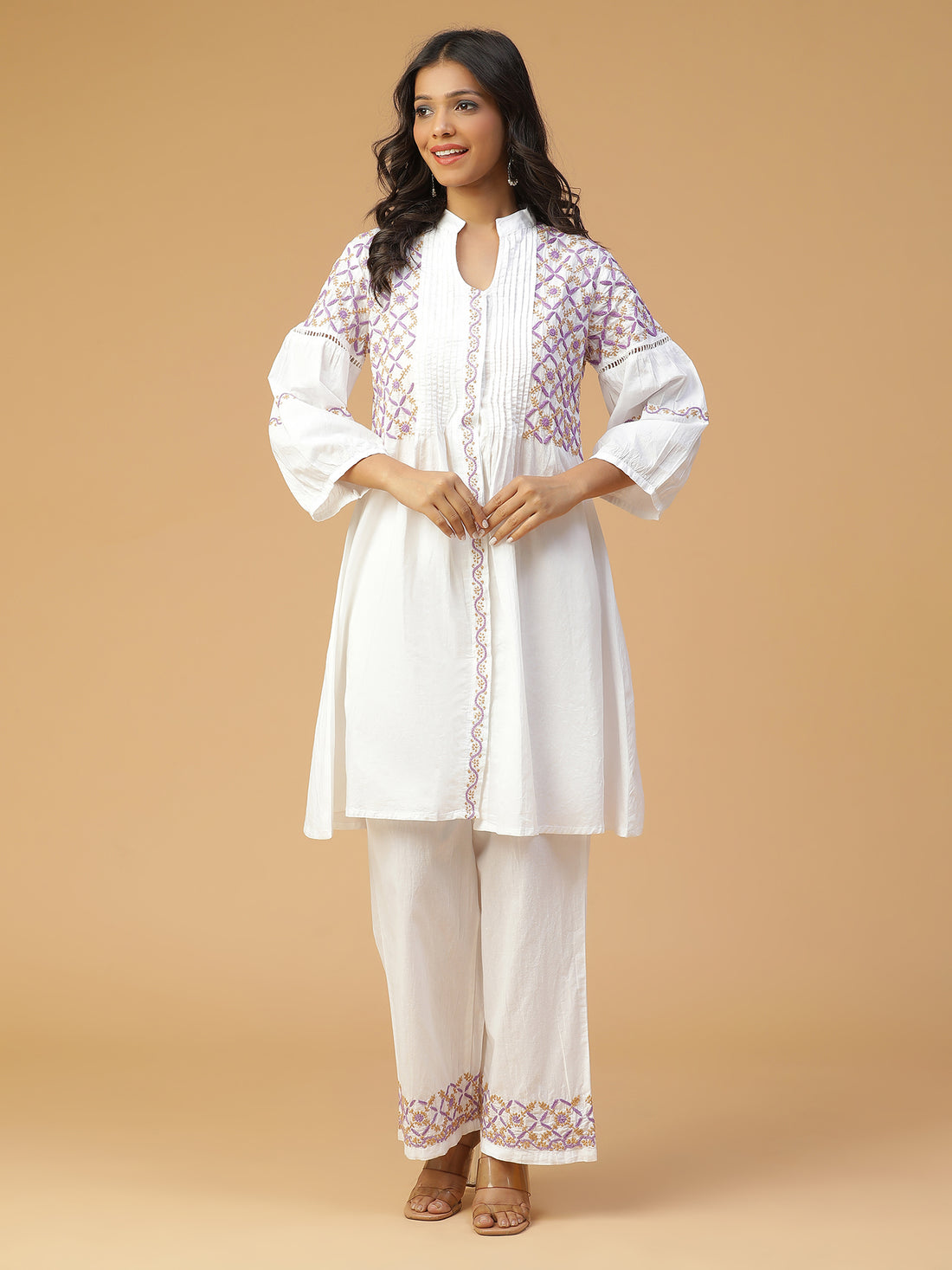 Chikankari front open kurta with jaali lace Detailing Co-Ord Set