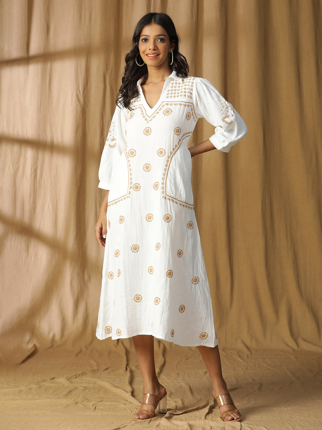 Cotton Comfort Chikankari Long Midi Dress with Pockets