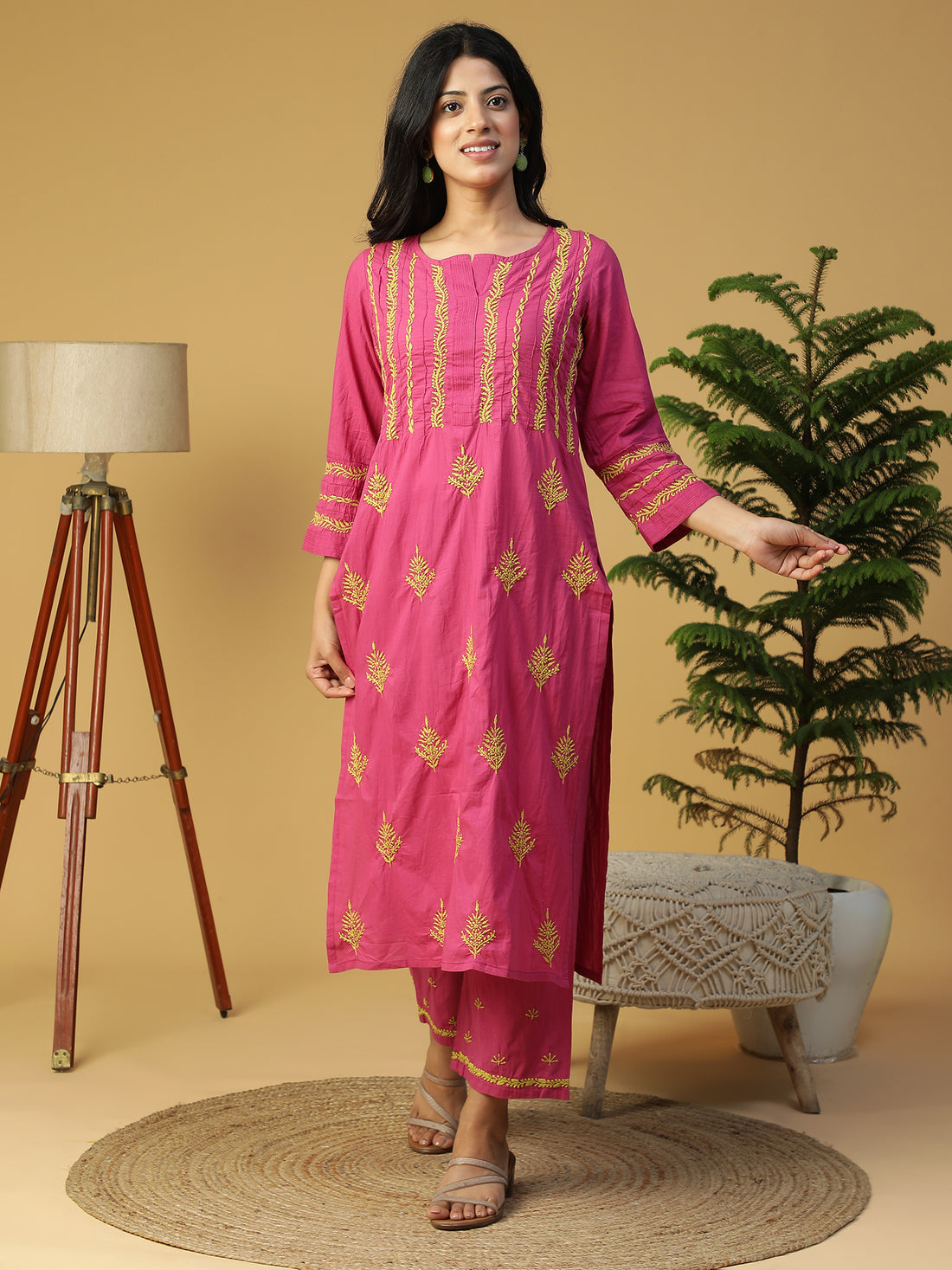 Hand Embroidered Lucknowi Chikankari Cotton Magenta Pintuck Yoke Kurta With Pants Set CH0227