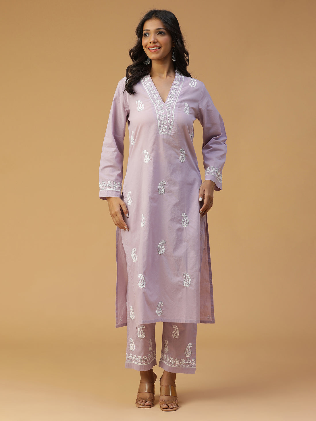 Lavender Bliss Comfortable Cotton Overlap V-Neck Chikankari Kurta Set