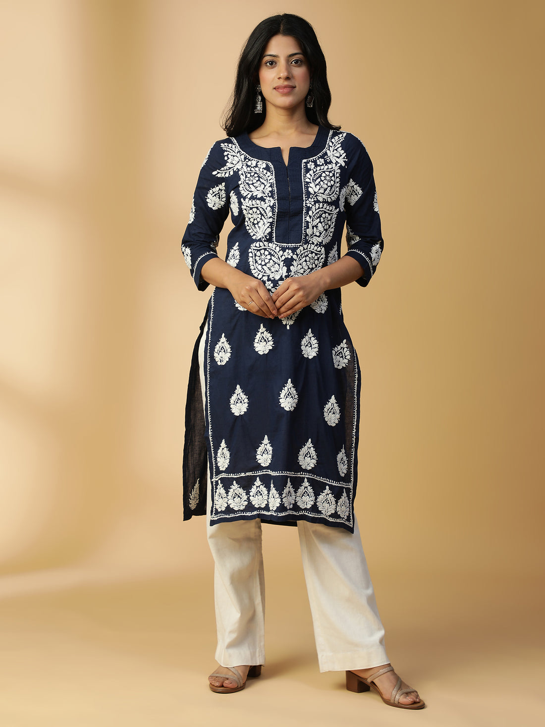 Hand Embroidered Graceful Navy Blue Chikankari Cotton Straight Lucknowi Kurta CH0155