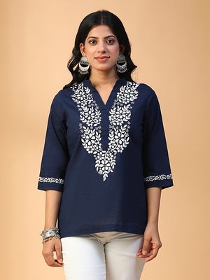 Hand-Embroidered Navy Blue Cotton Lucknow Chikankari Short Top with Mandarin Collar CH0261/Blue/16490125