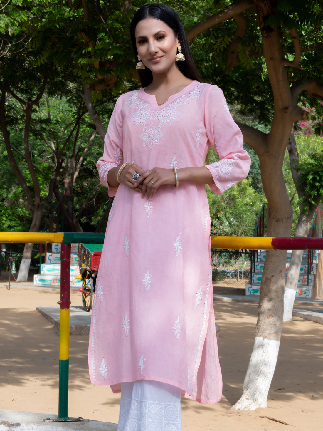 Semal handicrafts Chikankari straight pink kurta