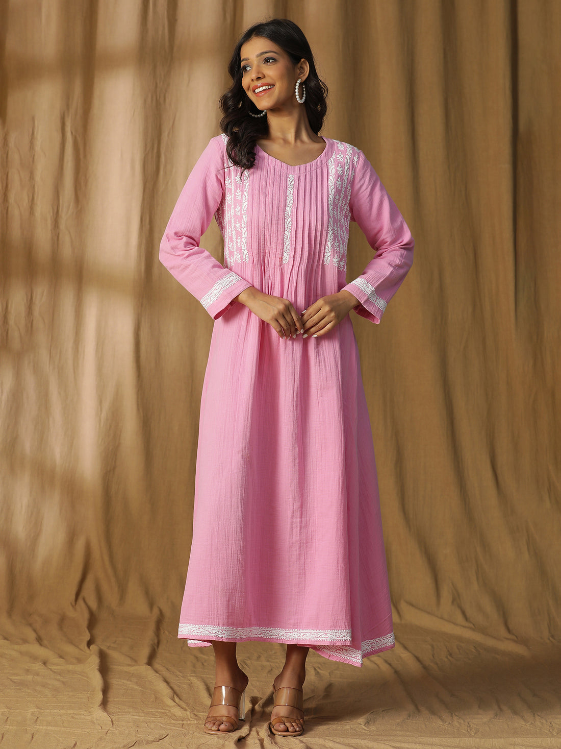 Soft Petal Elegance Chikankari Cotton Long Dress in Pink