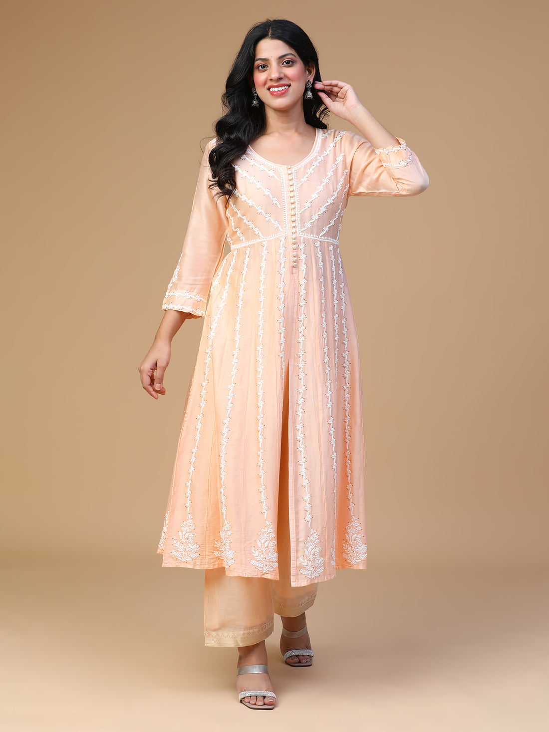 Semal Hand Embroidered Chanderi Silk  Peach Lucknow Chikankari Front Slit Kali Kurta With Mukaish Work