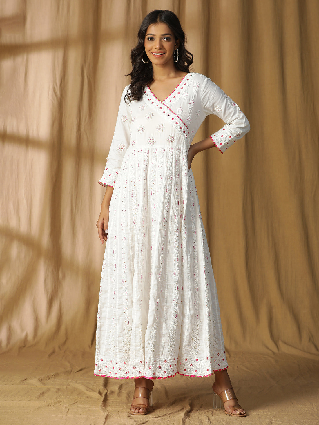 Chikankari cotton long kali kurta with sequence work