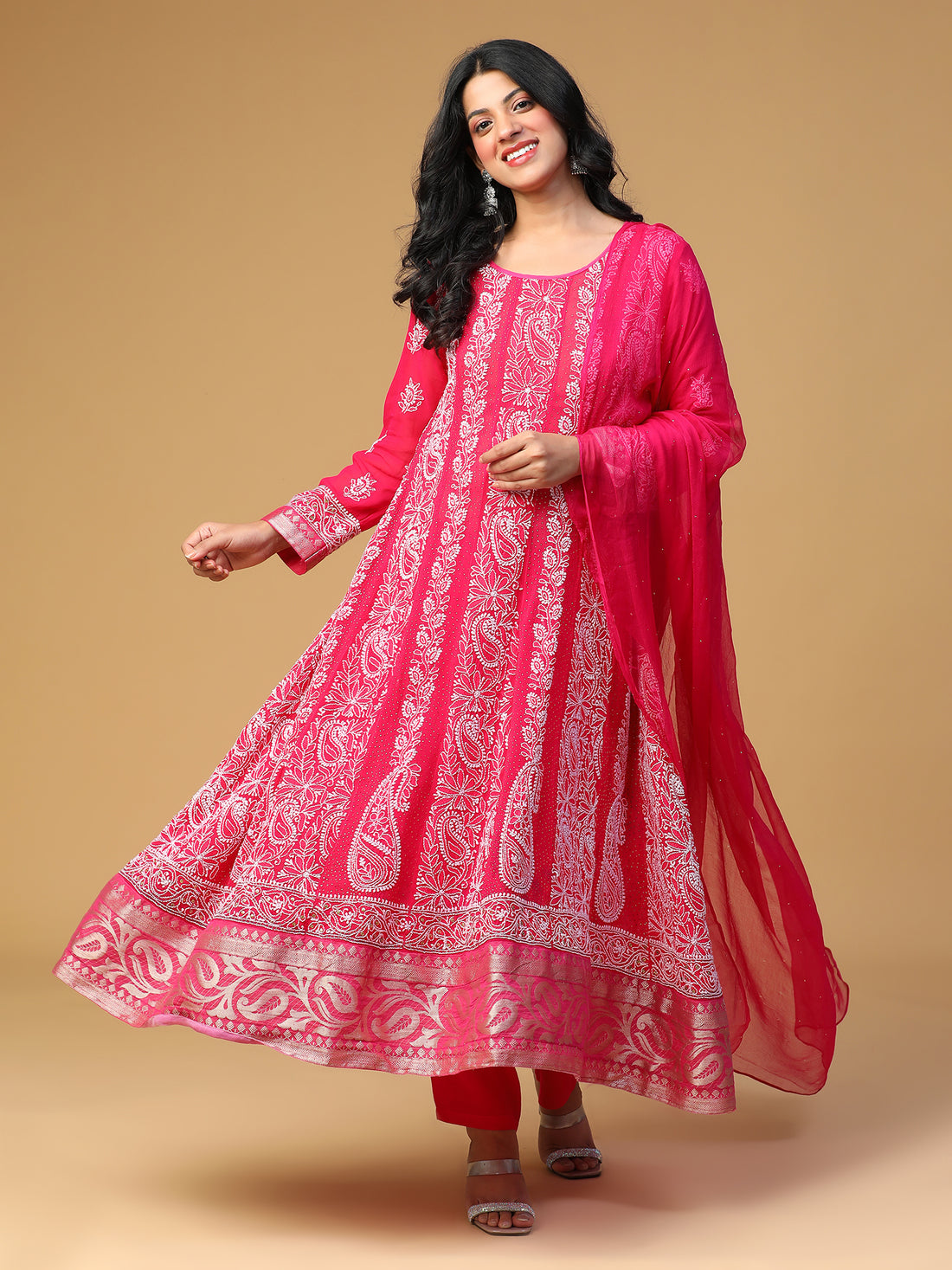 Georgette Anarkali Kurta Set with Chikankari and Mukaish Embellishments