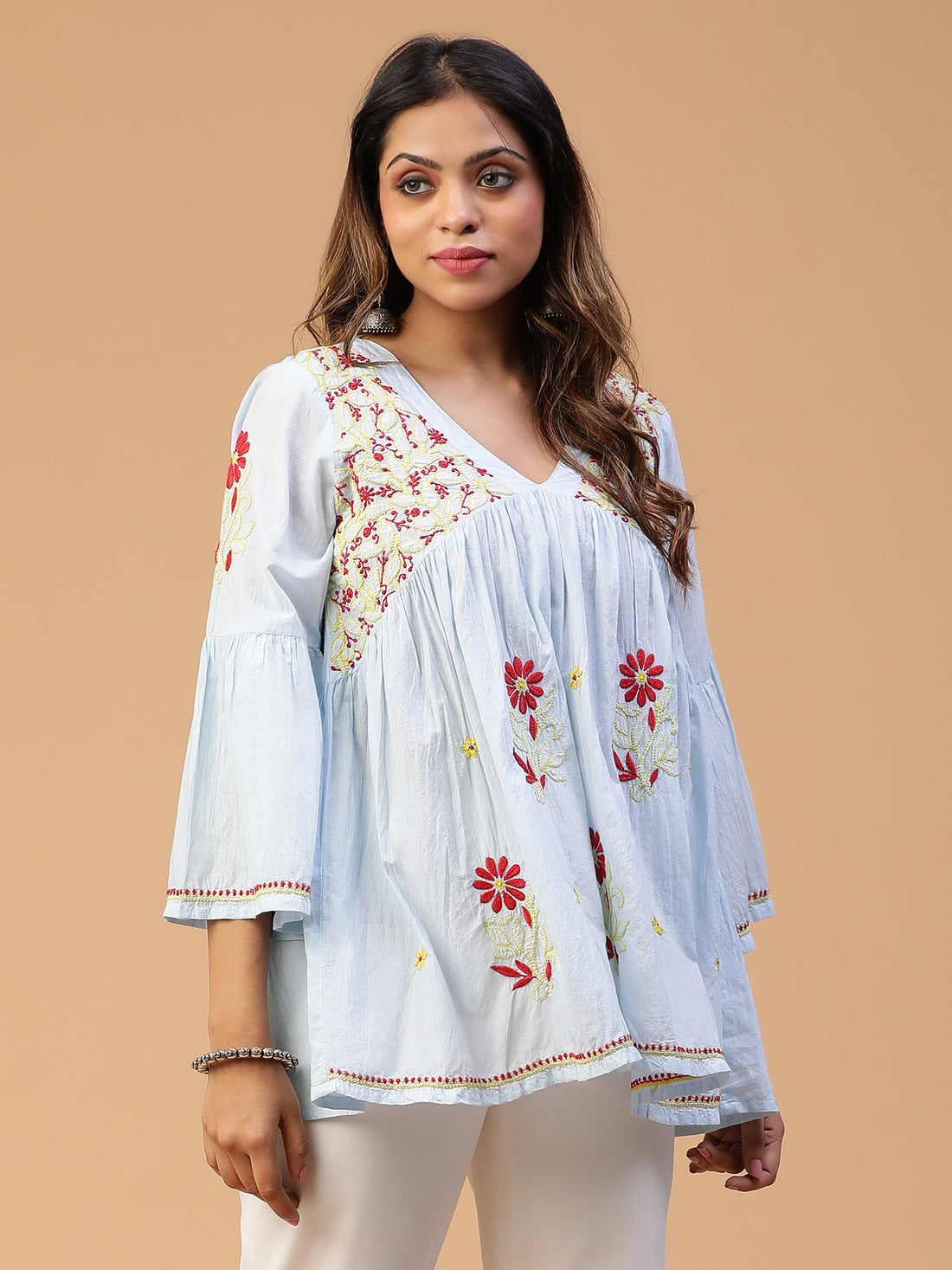 Chikankari Handloom Mulmul Cotton V-Neck Gathered Flared Top