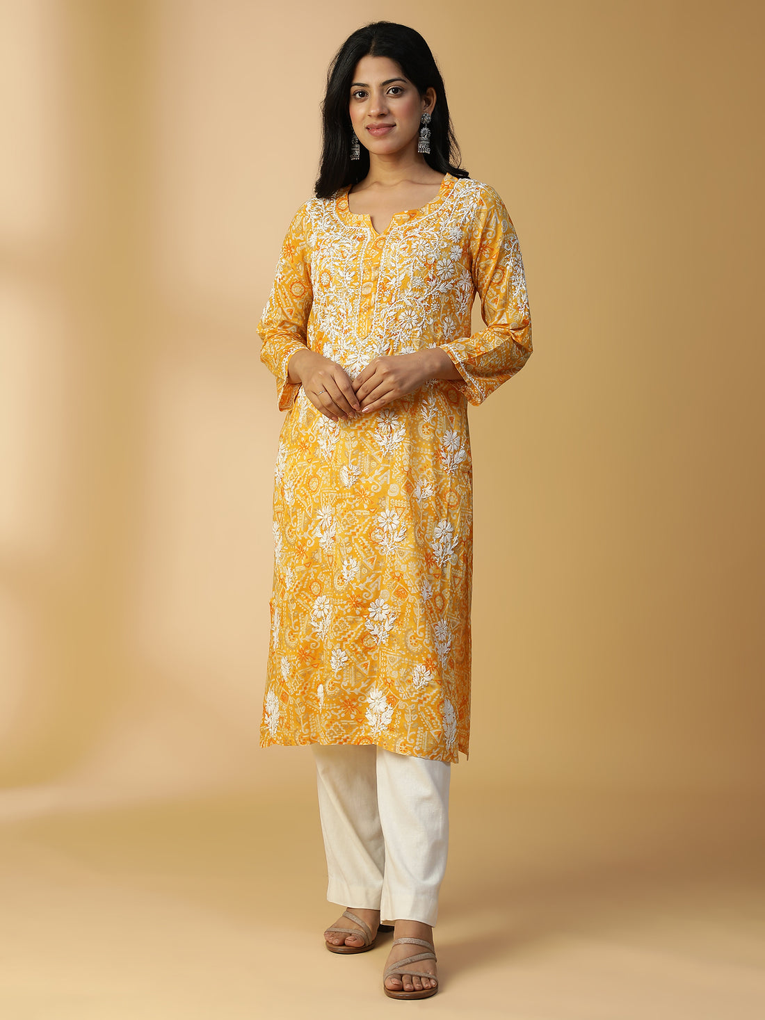 HAND EMBROIDERED GOLD YELLLOW COTTON LUCKNOWI CHIKANKARI PRINTED KURTA CH0156