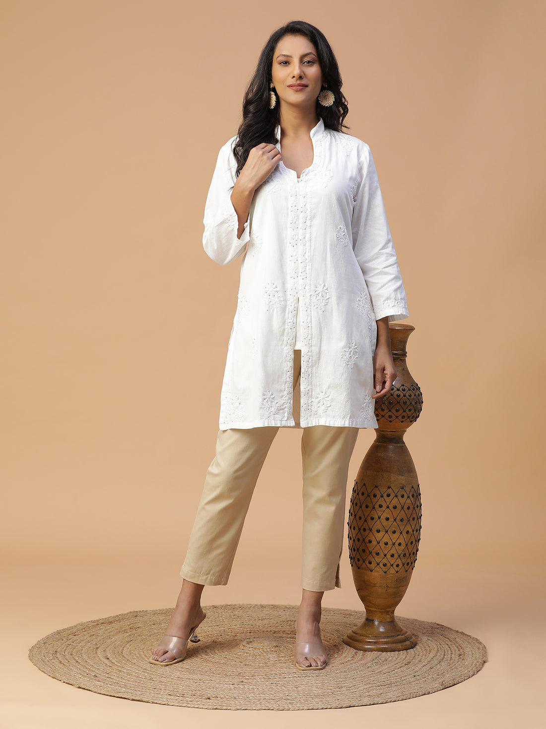 Chikankari cotton linen long shirt kurta with mukaish work