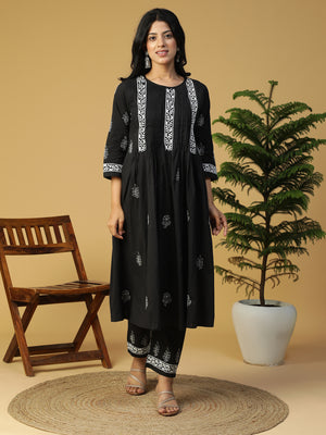 Hand Embroidered Lucknowi Chikankari Black Cotton Pintuck Kurta With Pants Set CH0233