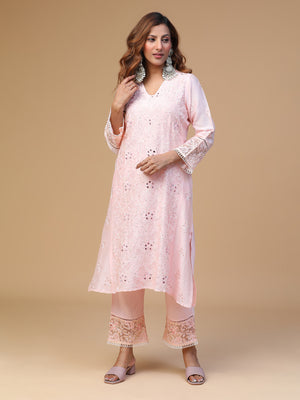 Semal Hand Embroidered Baby pink Chanderi V-Neck with Organza Border Lucknowi Chikankari Kurta Set CH0062