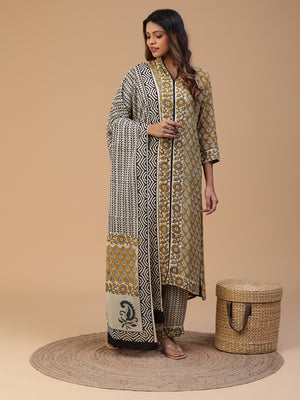 Hand Block Printed Olive Green Straight Front Slit Kurta With Pants and Dupatta Set Blk_009