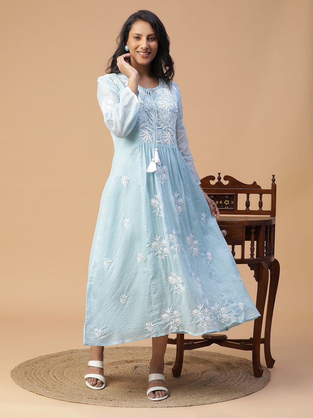 Chikankari Powder blue Kota Cotton Kurta with Neck Dori Delight