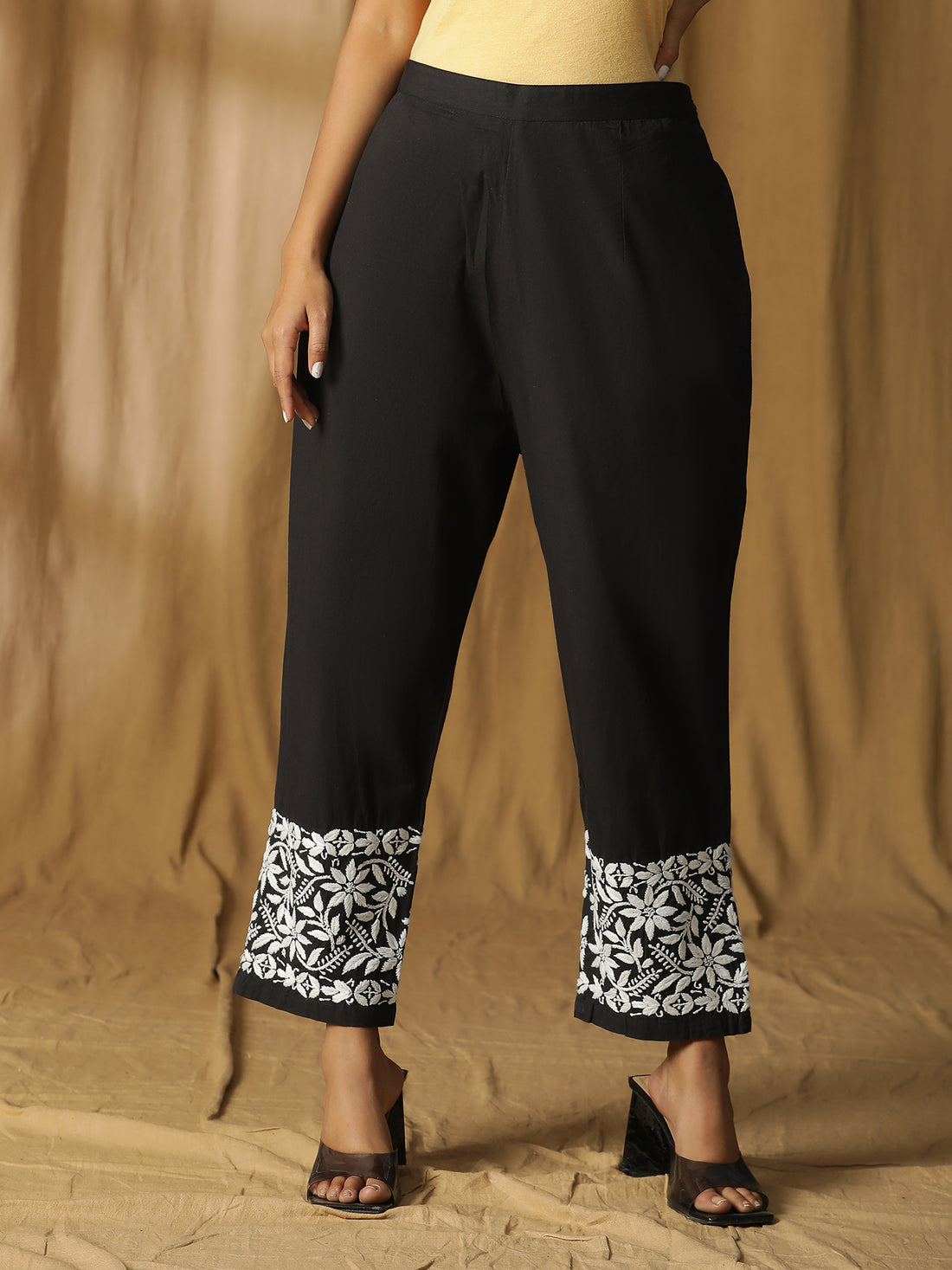 Chikankari Hand-Embroidered Cotton Black pants with pocket