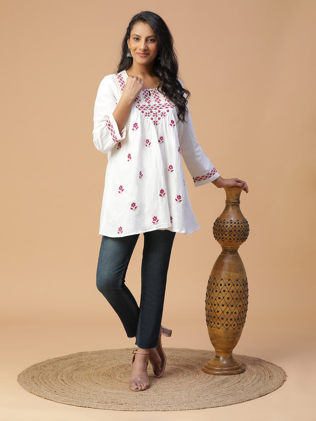 Chikankari cotton linen round neck with loop button V-yoke gather top