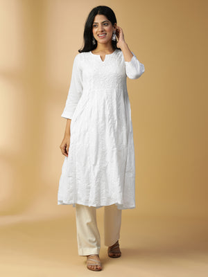 Hand Embroidered Lucknowi Chikankari Cotton Kali White Kurta with Mukaish Work CH0217A