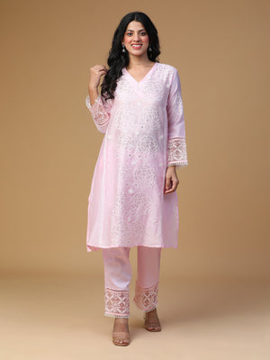 Semal Hand Embroidered Chanderi Rose Pink Colour Lucknow Chikankari with Mukaish work Kurta Set