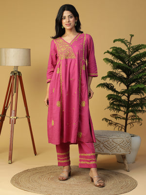 Hand Embroidered Magenta Cotton Lucknowi Chikankari Angrakha Neck Side Gathered Kurta With Pants CH0232