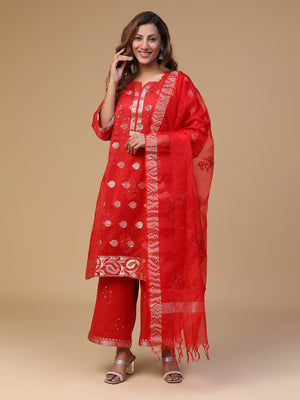 SEMAL HAND EMBROIDERED BANARSI CHANDERI RED COLOUR STRAIGHT KURTA SET