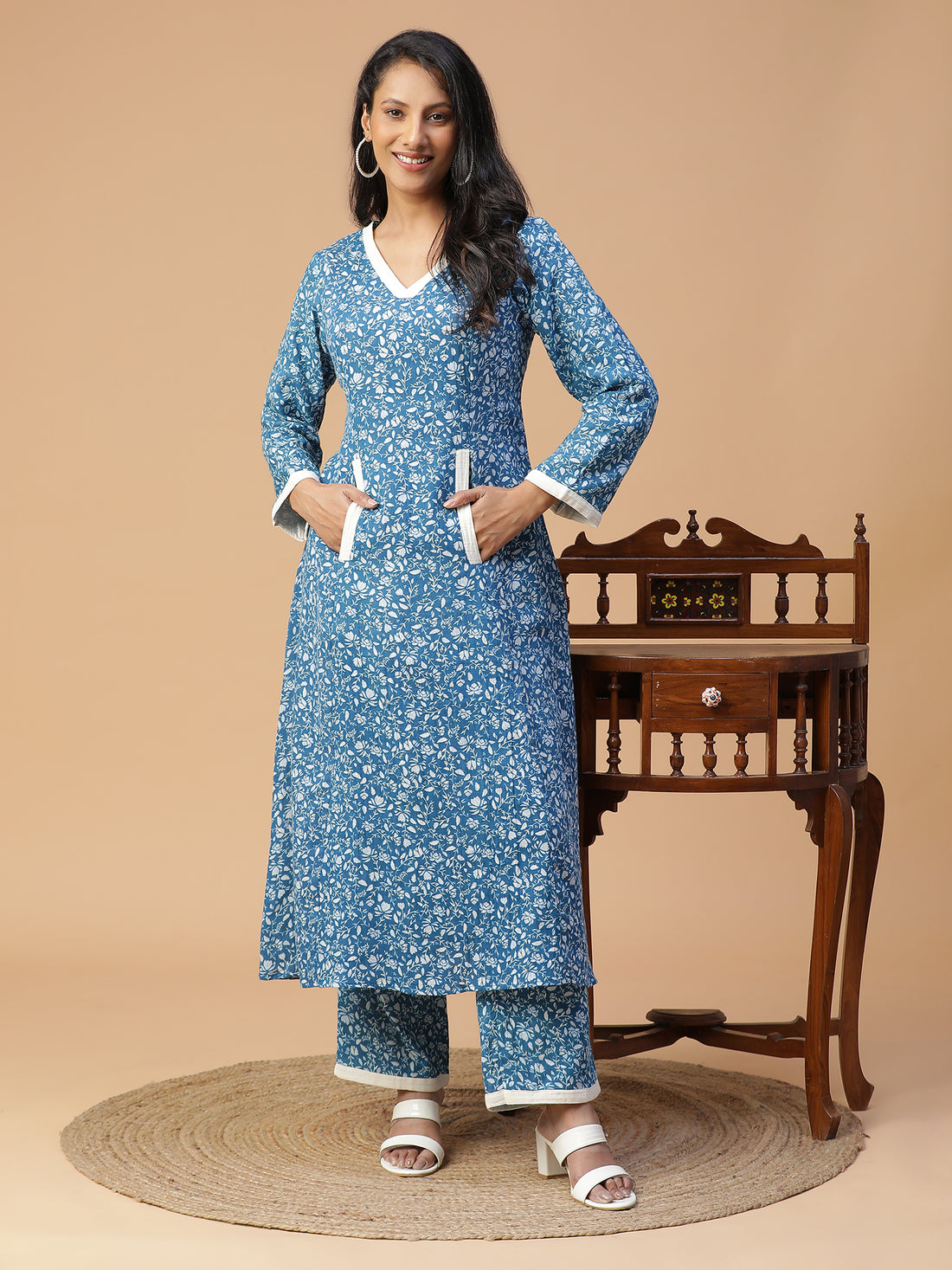 TEAL COTTON PRINTED KURTA SET