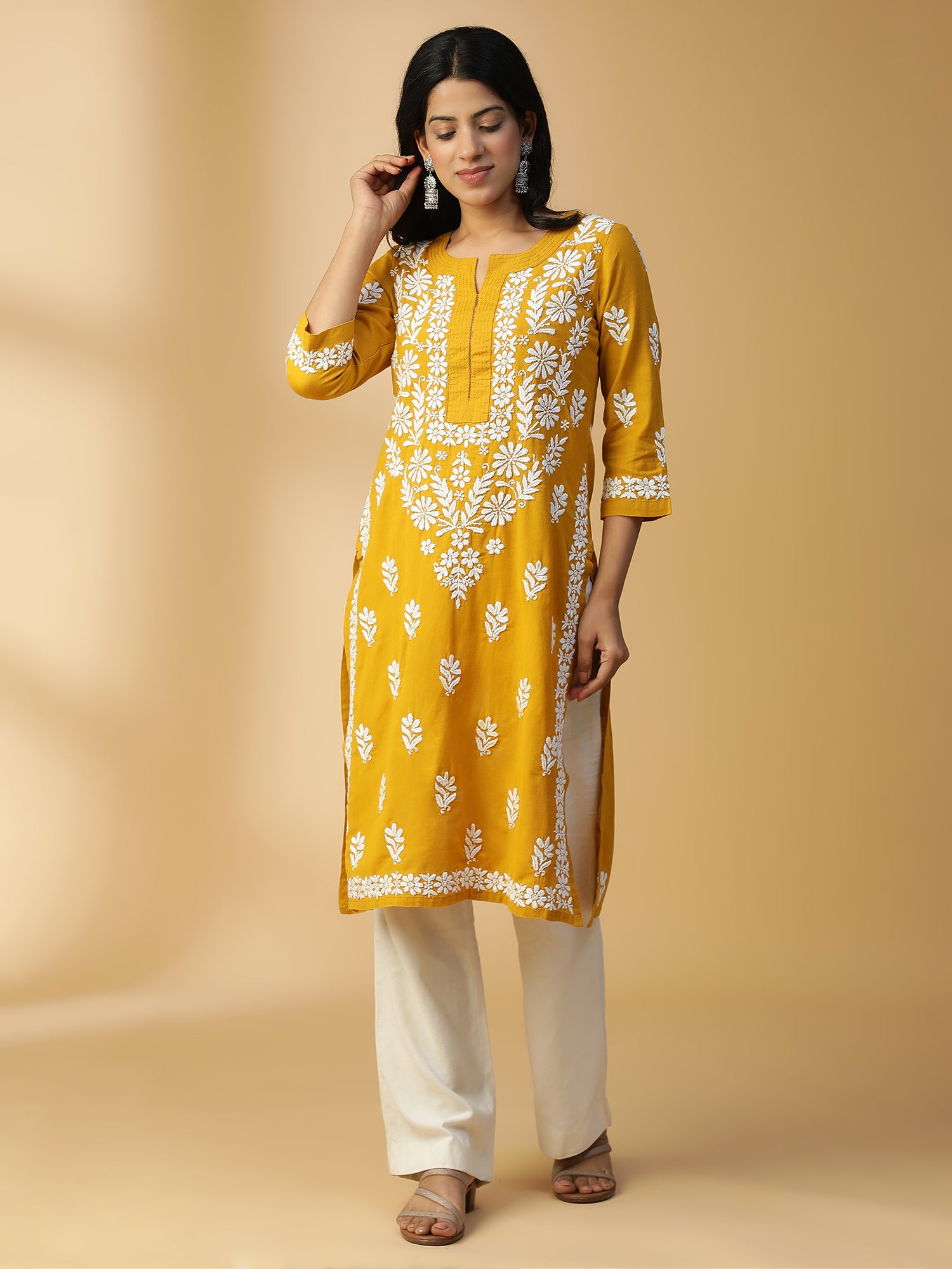 HAND EMBROIDERED MUSTARD COTTON LUCKNOWI CHIKANKARI STRAIGHT KURTA CH0153