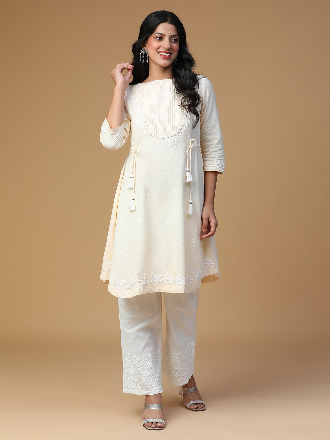 Semal Hand Embroidered Light Beige Cotton Linen Kasab Pintuck Lucknow Chikankari Tunic