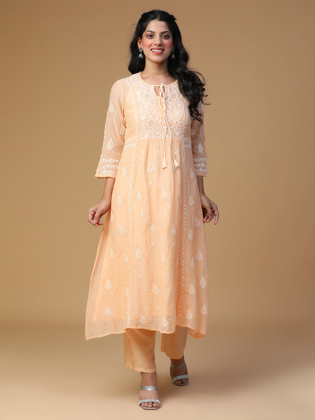 Semal Hand Embroidered Peach Glow Festive Mul Chanderi Chikankari Kurta Set