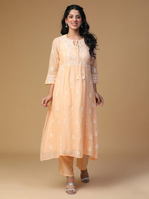 Semal Hand Embroidered Peach Glow Festive Mul Chanderi Chikankari Kurta Set