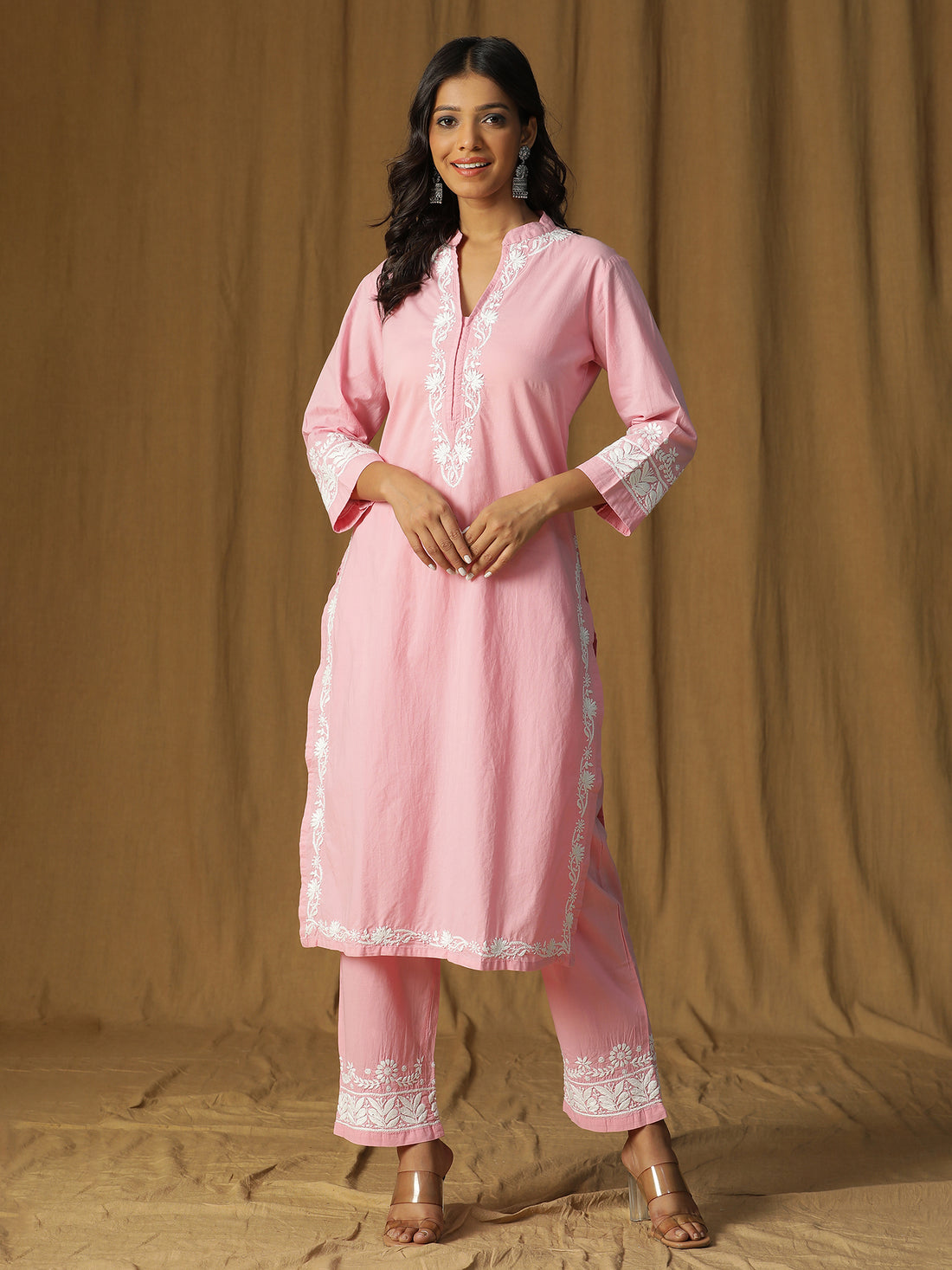 Chikankari Pink Candy Mandarin Cotton Kurta Set