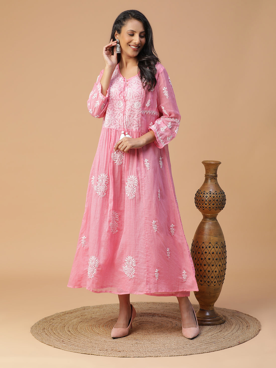 Chikankari Pink Kota Cotton Kurta with Neck Dori Delight